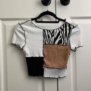 Never worn! SHEIN T Shirt with Lettuce Edges, Brown, White, Black, Animal Print